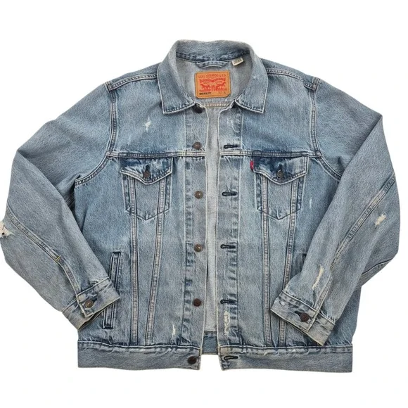 Levis Mens Vintage Fit Trucker Denim Jacket Light Wash Distressed Blue Large - Picture 3 of 11